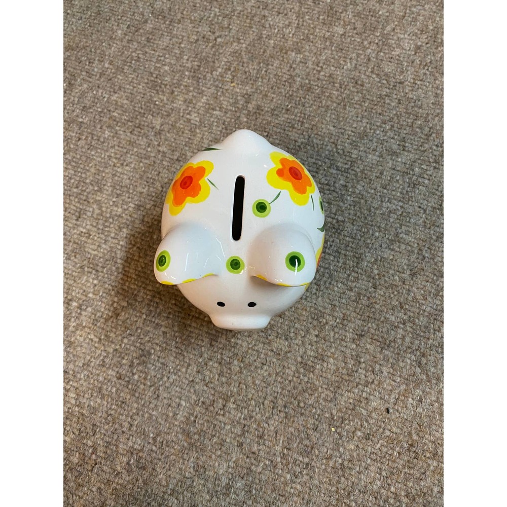 Floral Hand painted Orange and Yellow Piggy Bank - Picture 3 of 6